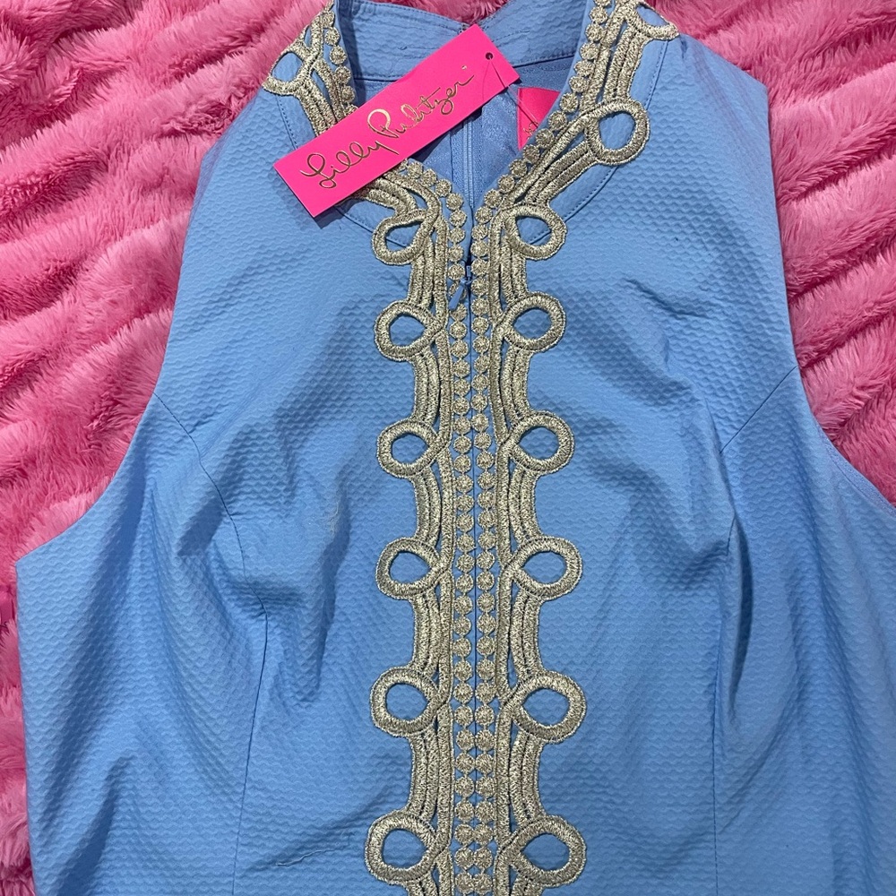 Lilly Pulitzer Alexa Stretch Blue Shift Dress with Gold Detailing